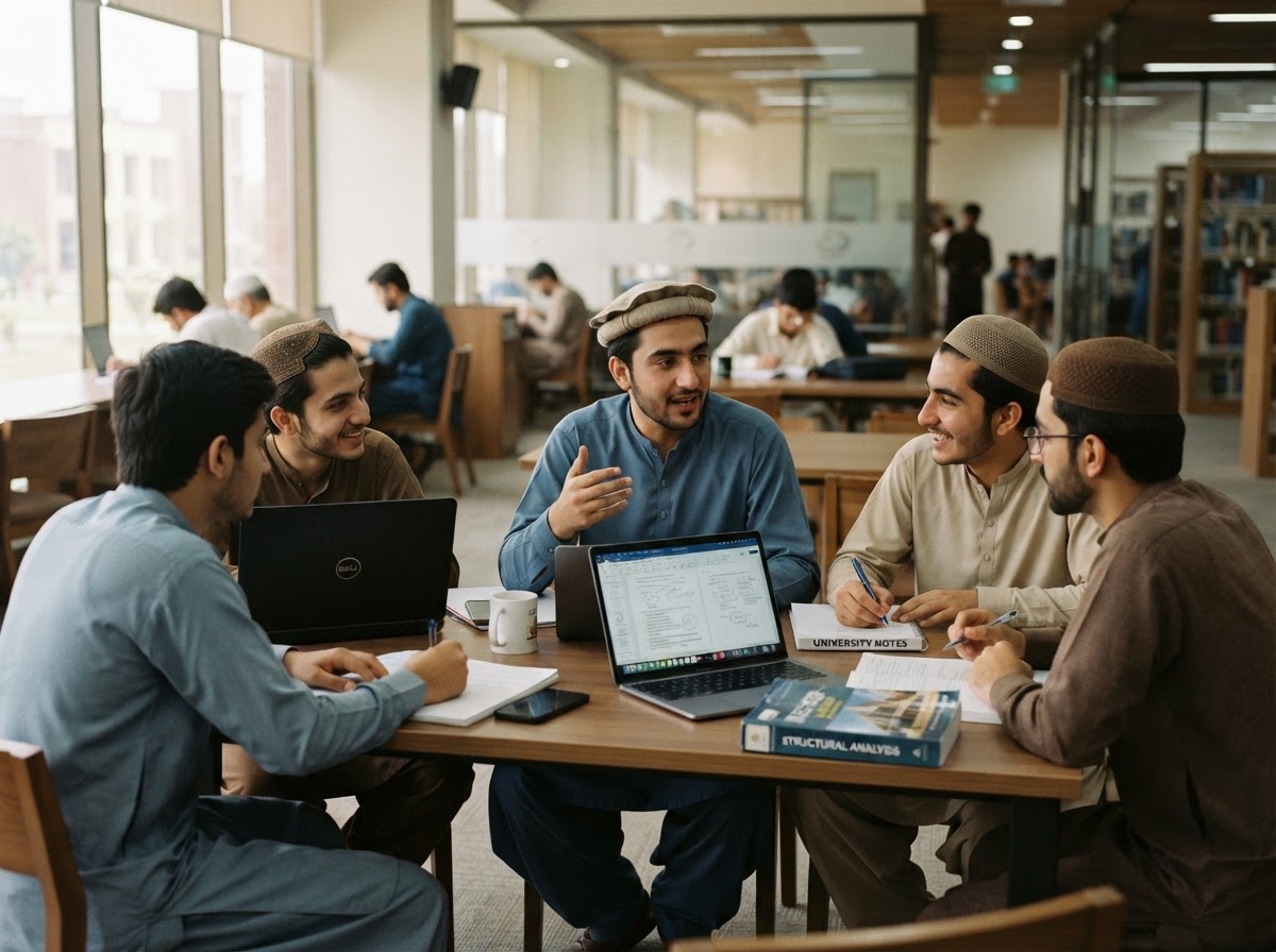Young men studying together with laptops and notebooks in a study hall