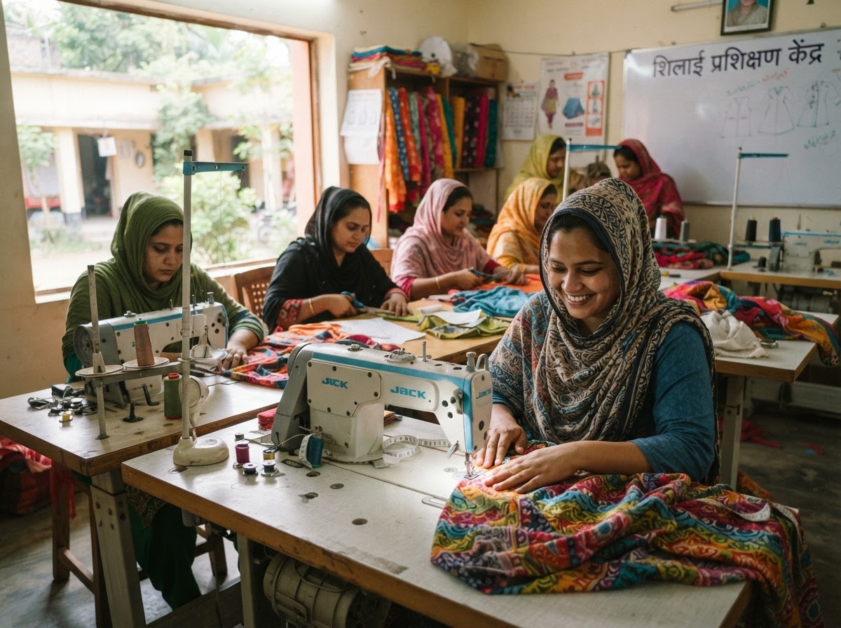 Women learning tailoring on sewing machines at a vocational training centre