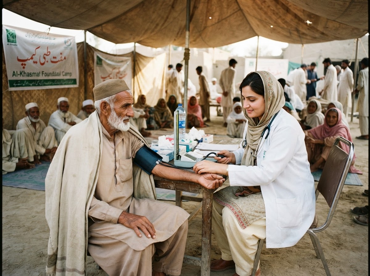 A doctor checking an elderly man’s blood pressure at a community medical camp